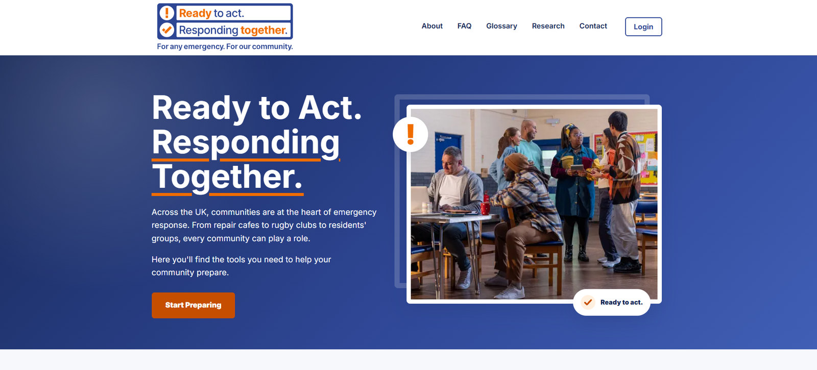 Ready Together homepage with the heading Ready to Act. Responding Together. and a Start Preparing button.