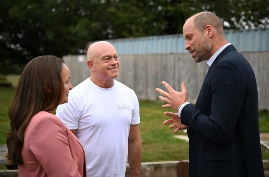 Mhairi Sharp and Ross Kemp talking with Prince William outdoors at the Ready Together launch.