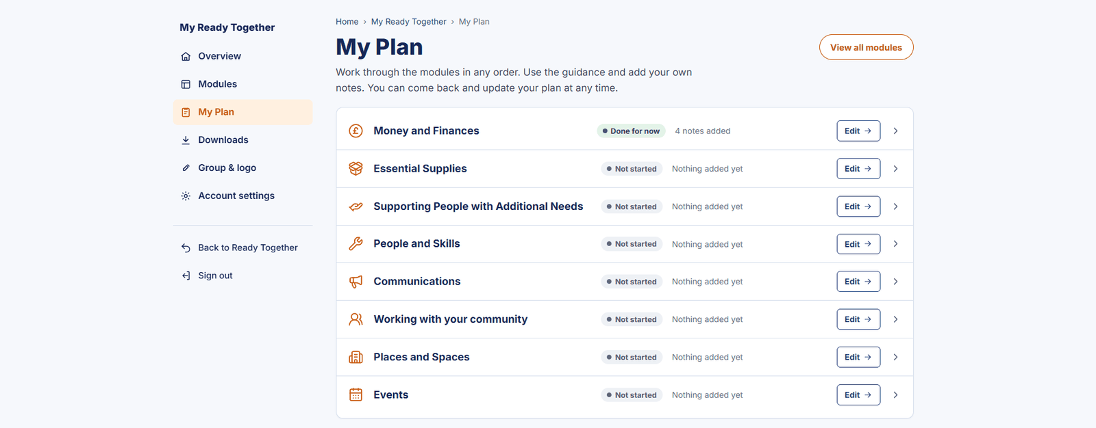 My Plan screen listing eight preparedness modules with progress indicators and editing controls.