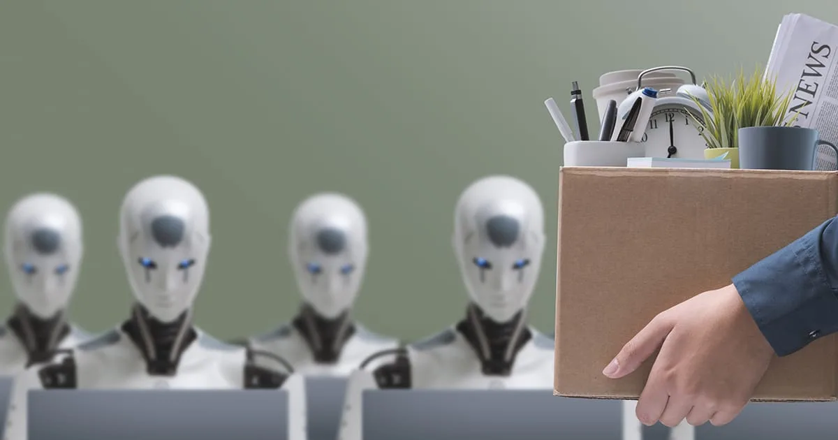Fired office worker holding a box with her belongings and leaving the office, many android robots working with computers in the background: the impact of AI