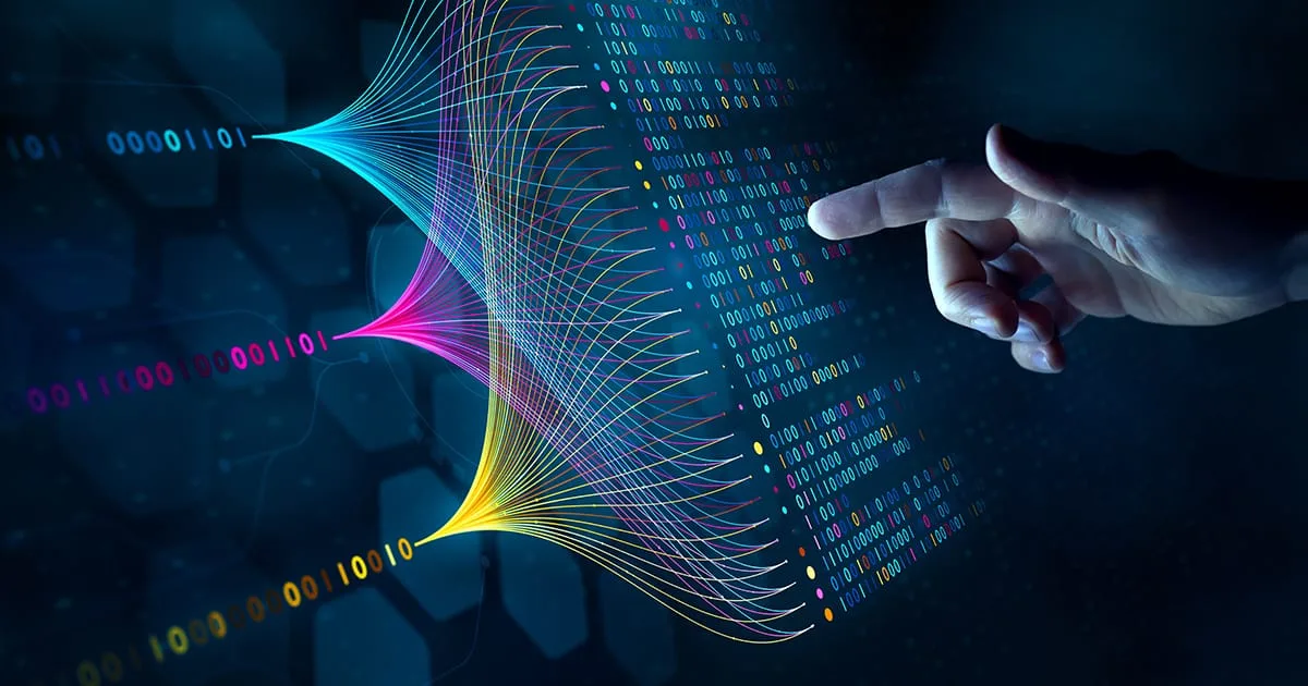 Data scientist querying, analysing and visualising complex set on virtual screen.