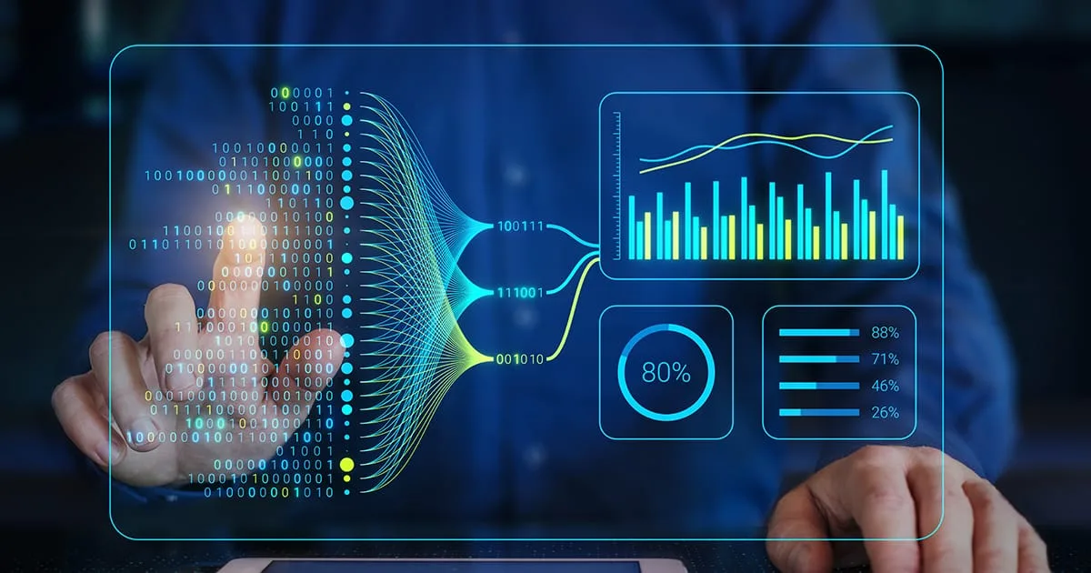 Data scientist analysing complex information with artificial intelligence for business