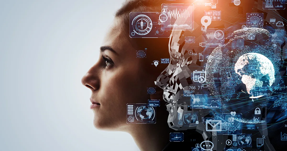 A futuristic image depicting a female CEO’s face merging with generative AI, symbolising the integration of human intelligence and artificial intelligence.