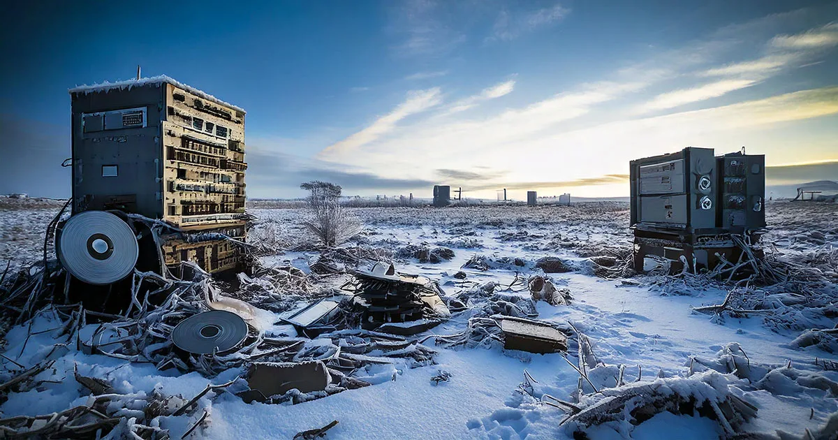 A collection of old computer equipment, including servers and monitors, lies scattered and partially buried in snow. A clear blue sky with fluffy clouds stretches across the horizon.