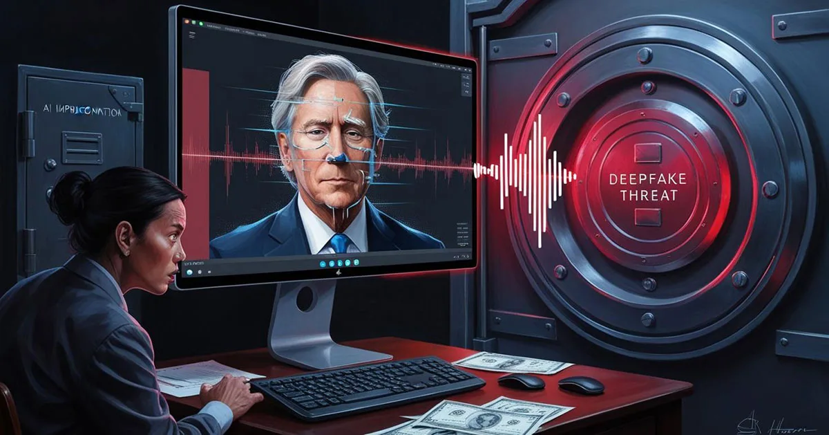 AI generated image depicting deep fake technology and how Cyber Criminals are Using AI. A distorted face of a senior executive on a computer screen passing instructions to a confused employee.