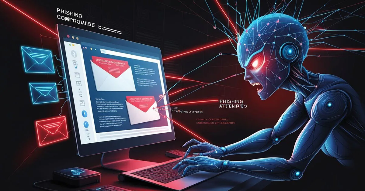 AI generated image that represents How Cyber Criminals are Using AI. The emerging threat of ai powered attacks. An evil robot sending malicious emails.