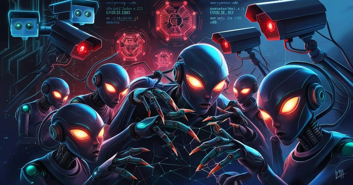 AI generated image depicting the concept of evil AI agents working together in a network and how cybercriminals are using ai to attack businesses.