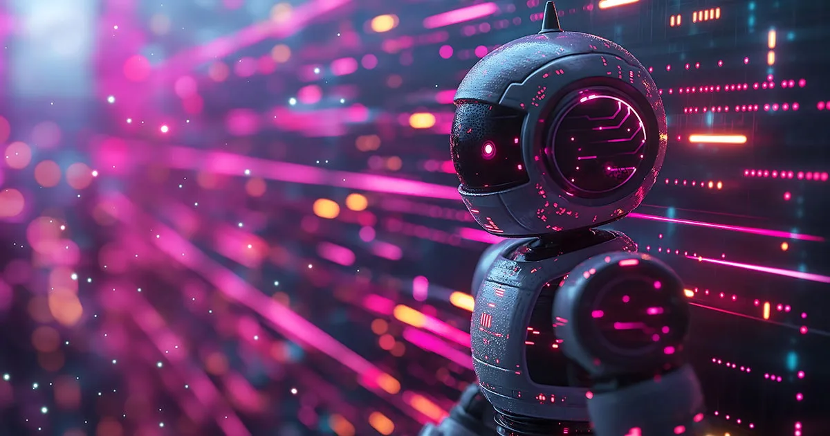 A futuristic robot amid glowing data streams, symbolising AI in data analytics, personalised engagement, and automation.