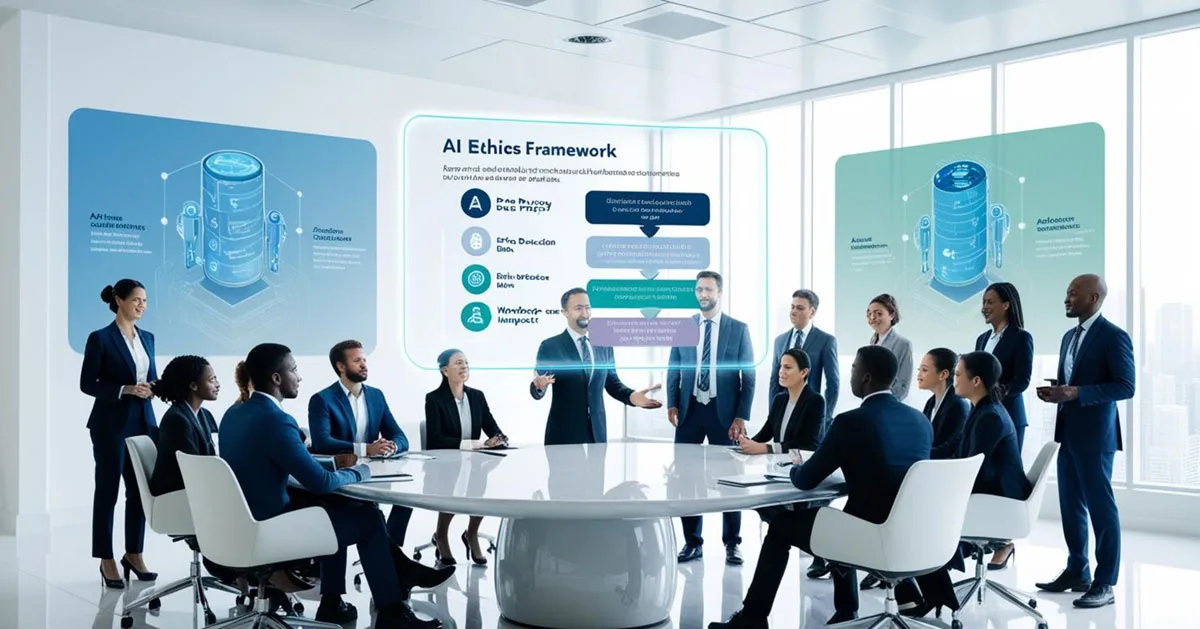 A diverse group of business professionals in a modern conference room discusses an AI Ethics Framework displayed on a holographic screen. The presentation highlights key ethical considerations such as data privacy, bias detection, and workforce impact. Digital diagrams on the walls illustrate AI governance and responsible AI deployment. The scene represents how Artificial Intelligence in Business requires ethical oversight to ensure fairness, compliance, and responsible innovation.
