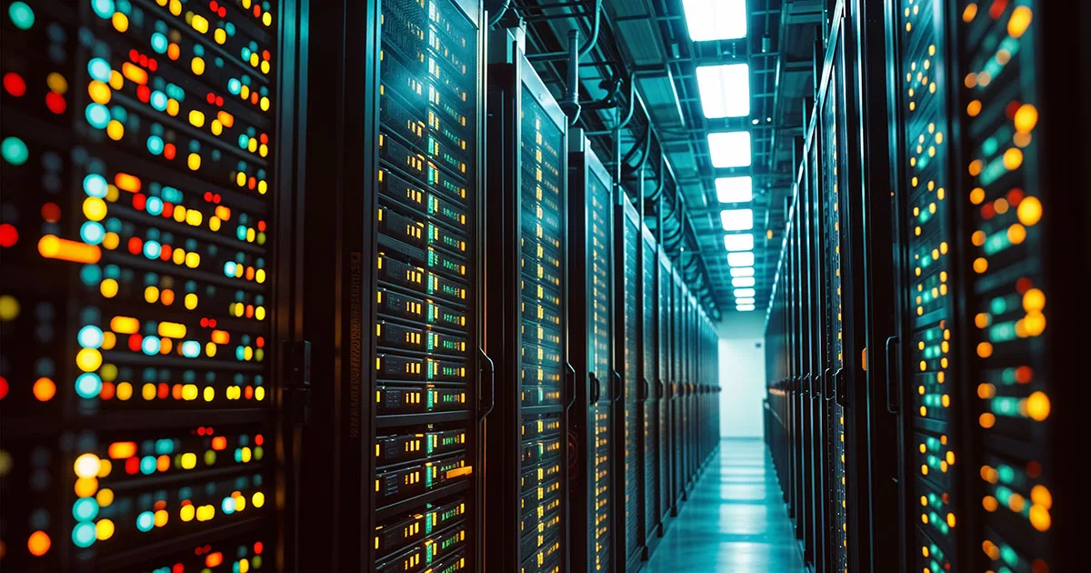 Data centers filled with rows and rows of servers as blinking light indicates constant processing