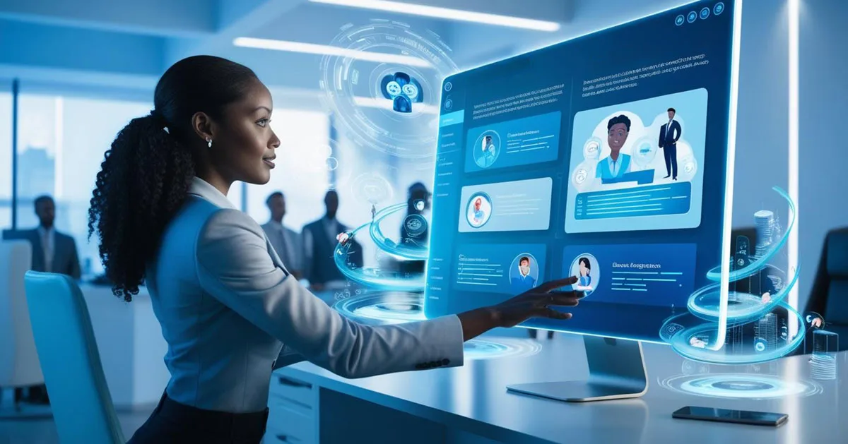A professional woman in a modern office interacts with a futuristic, AI-powered digital interface displaying customer profiles and insights. The glowing, holographic elements represent how Artificial Intelligence in Business enhances customer experiences by analysing data, personalising recommendations, and optimising engagement strategies.