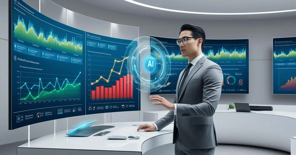 A business professional in a modern, high-tech office interacts with a holographic AI interface displaying real-time data analytics, predictive trends, and risk assessments. Large digital screens in the background showcase graphs and performance metrics.