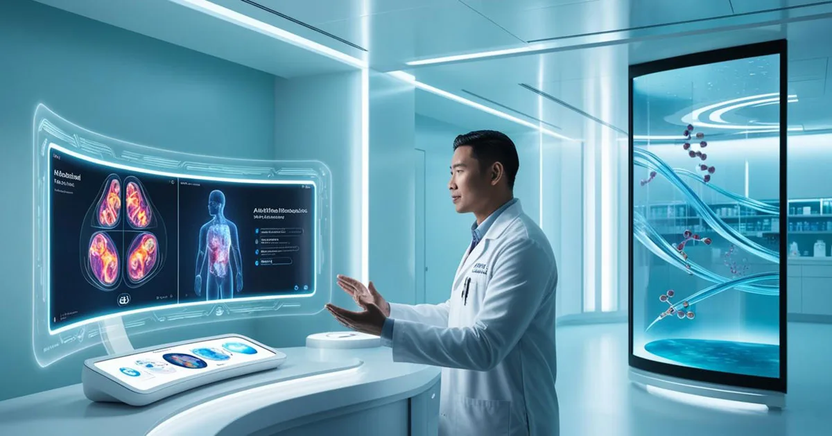 A doctor in a futuristic hospital interacts with a holographic AI-assisted diagnostic interface displaying medical imaging and patient health data. In the background, an advanced research lab features AI-driven molecular models, representing AI’s role in accelerating drug discovery. The high-tech setting highlights how Artificial Intelligence is revolutionising healthcare by enhancing diagnostics, streamlining patient records, and expediting medical research.