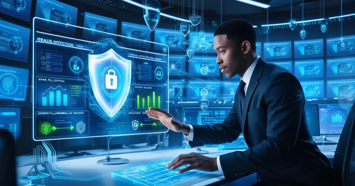 A cybersecurity professional in a high-tech operations centre interacts with an AI-powered security interface. A glowing digital shield with a lock symbol represents data protection, while holographic dashboards display fraud detection analytics, spam filtering processes, and system vulnerability monitoring. The futuristic setting highlights the role of Artificial Intelligence in strengthening cybersecurity, preventing threats, and safeguarding digital assets.