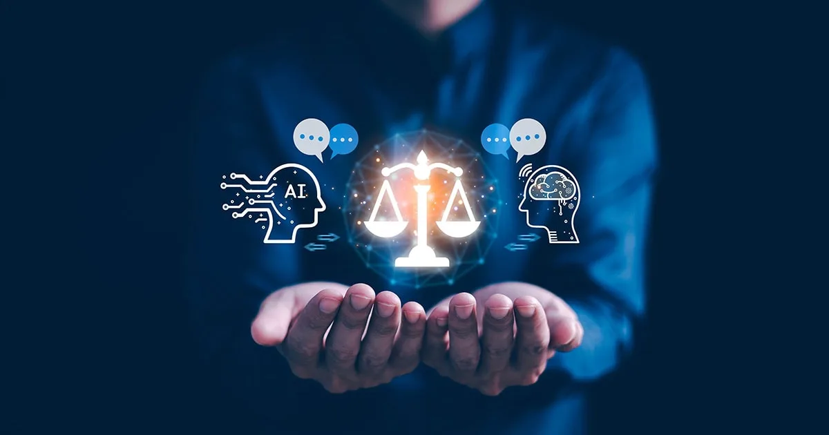 A person holds a glowing digital scale, symbolising AI ethics. Icons of AI and human intelligence with speech bubbles represent fairness and decision-making.