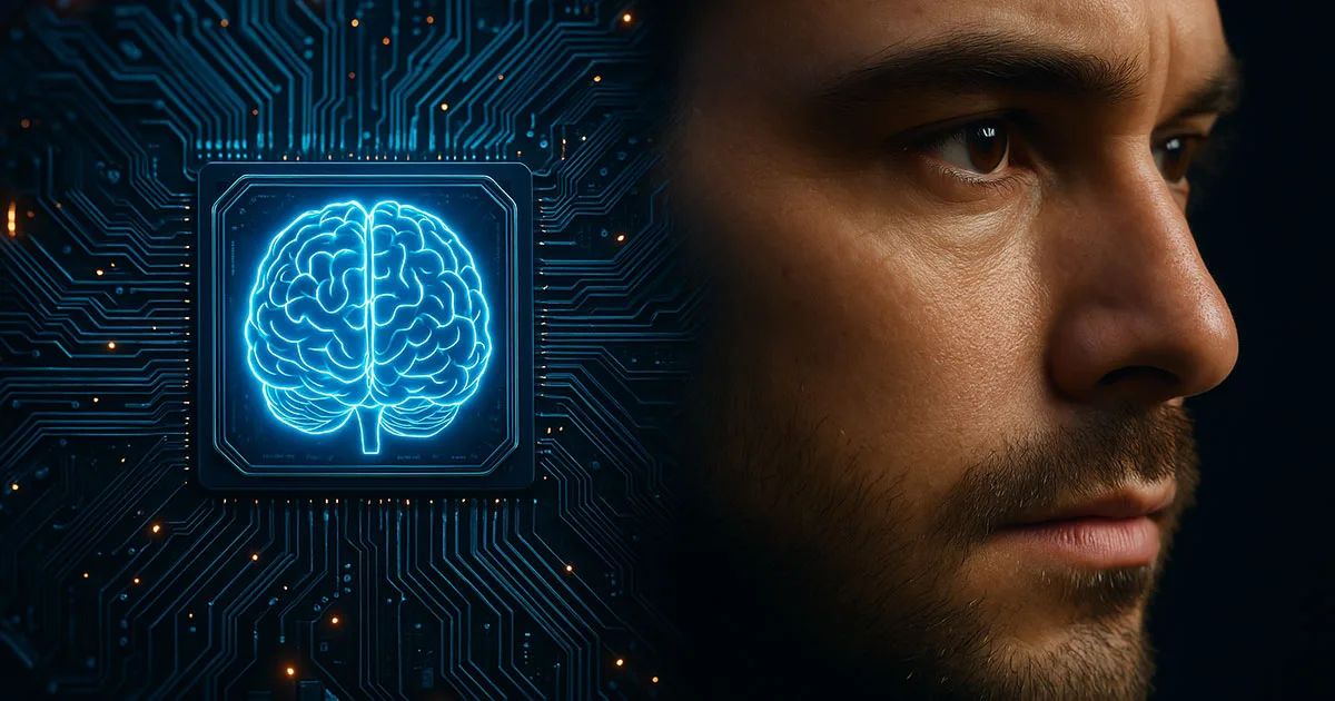 A photorealistic split-image showing a human male face on the right and a glowing digital brain embedded in a circuit board on the left, representing the fusion of human and artificial intelligence.