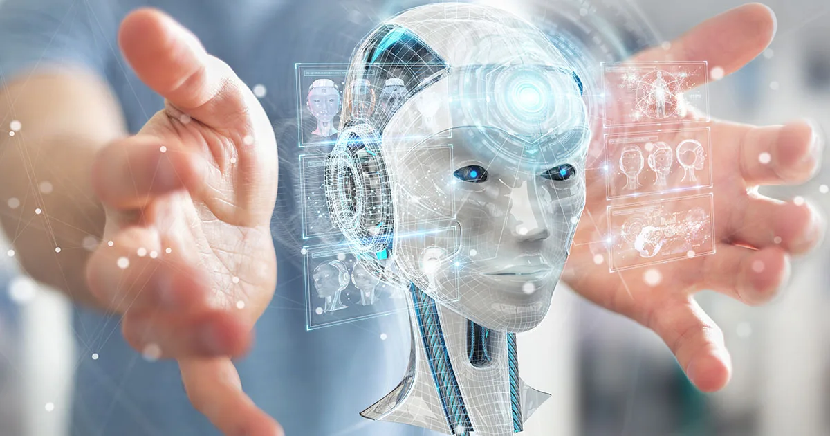 A person interacts with a futuristic humanoid robot head surrounded by digital interface elements, symbolising the concept of self-aware artificial intelligence.