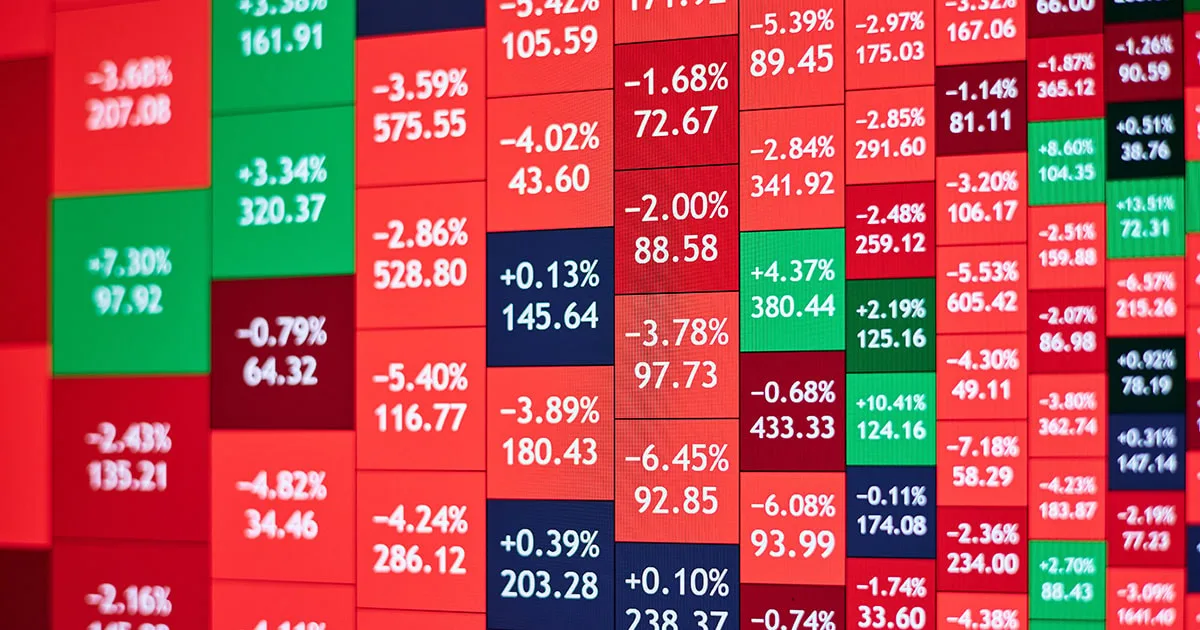 A digital stock market display showing red and green percentage changes, representing financial market fluctuations and investment trends.
