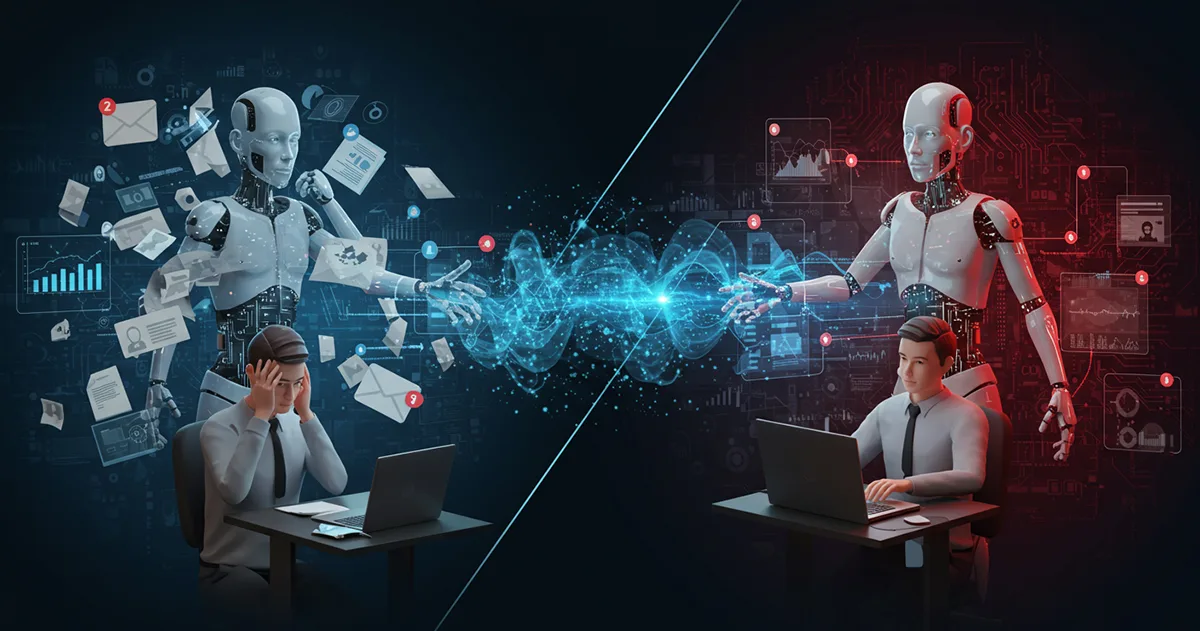 Split-screen showing AI agents transforming knowledge work: left side shows overwhelmed worker amid chaos; right shows productive collaboration with organised data.