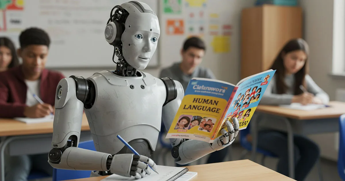 A humanoid robot sits in a classroom, reading a book titled “Human Language” while taking notes, surrounded by students writing at their desks.