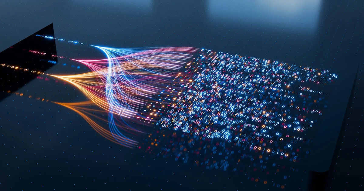 Abstract 3D rendering of data streams splitting into multiple neural paths, representing different AI network architectures and information flow.