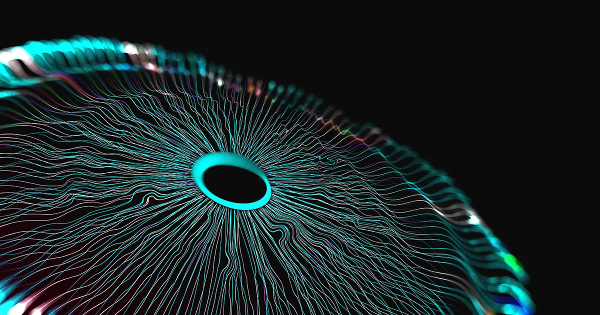 Abstract 3D illustration of a neural network or eye-like structure with radiating lines, symbolizing data flow and AI vision processing.