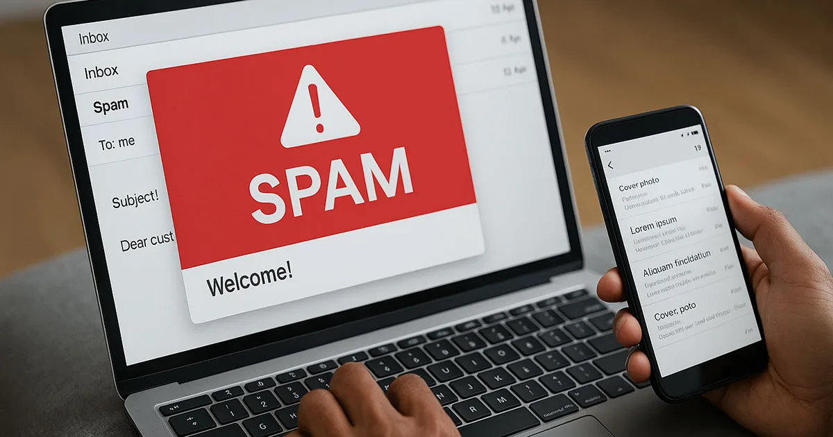Person using laptop and smartphone with a spam warning displayed on the laptop screen, representing deep learning-powered email spam filtering.