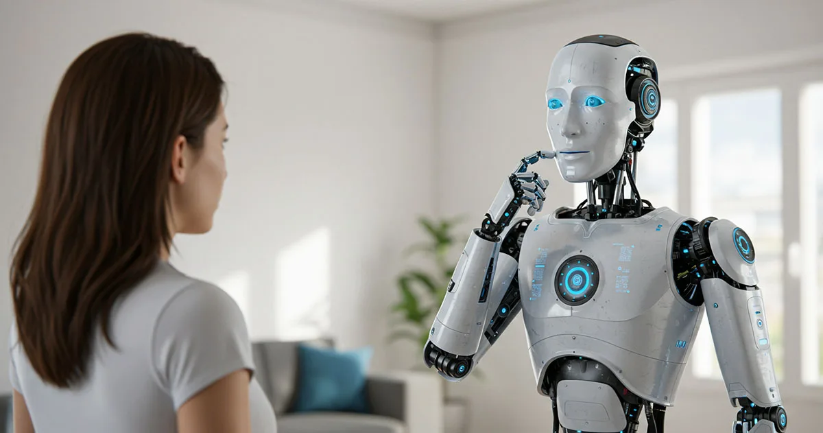 A humanoid robot and a woman face each other in a bright room, the robot appearing to think, symbolising Natural Language Processing in human-AI interaction.