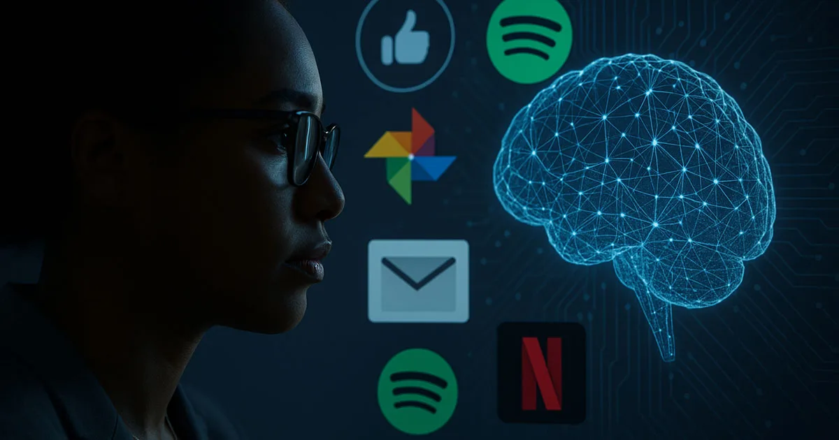 Profile of a woman facing a glowing digital brain with AI icons like Netflix, Spotify, and email, symbolising deep learning’s role in daily digital experiences.