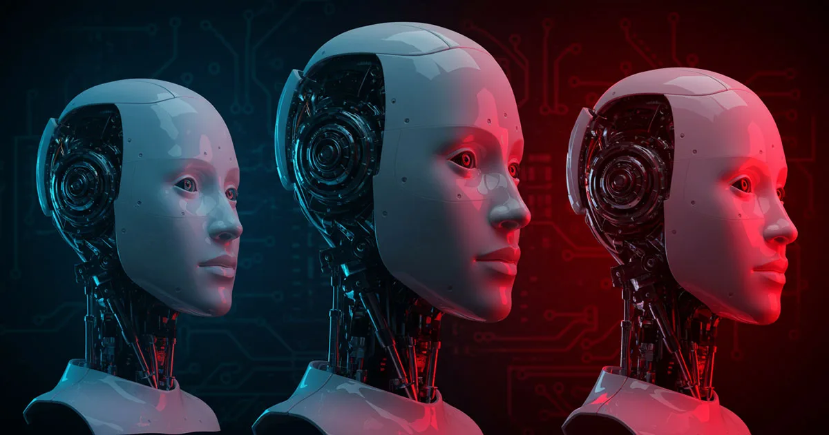 Three robotic profiles showing evolution of ai systems, with glowing blue and red lighting highlighting technological advancement and mechanical components.