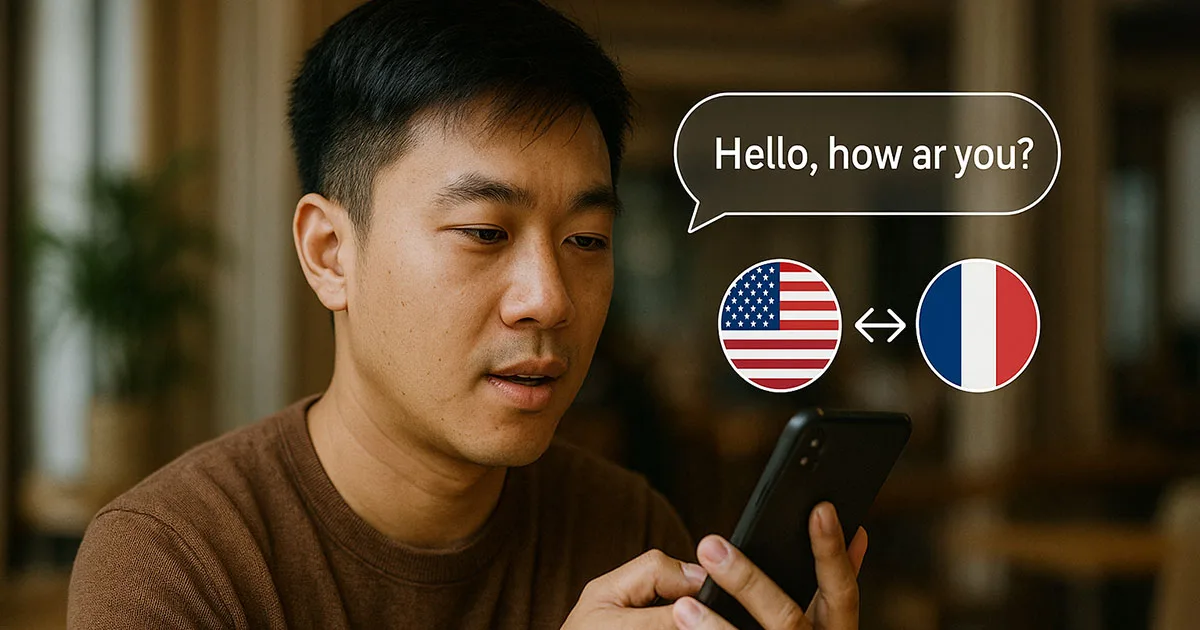 Man using smartphone for translation, with a speech bubble saying “Hello, how are you?” and US and French flags, representing real-time language translation.