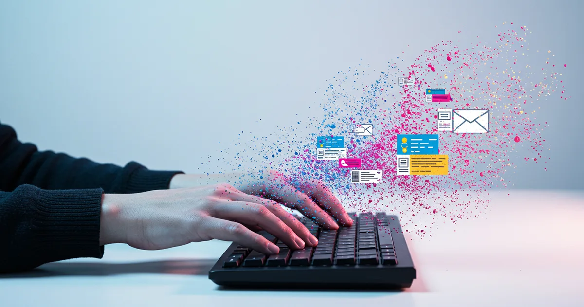 Hands typing on keyboard generating diverse marketing content through generative AI tools, with colorful particles forming emails, social posts, and other digital assets.