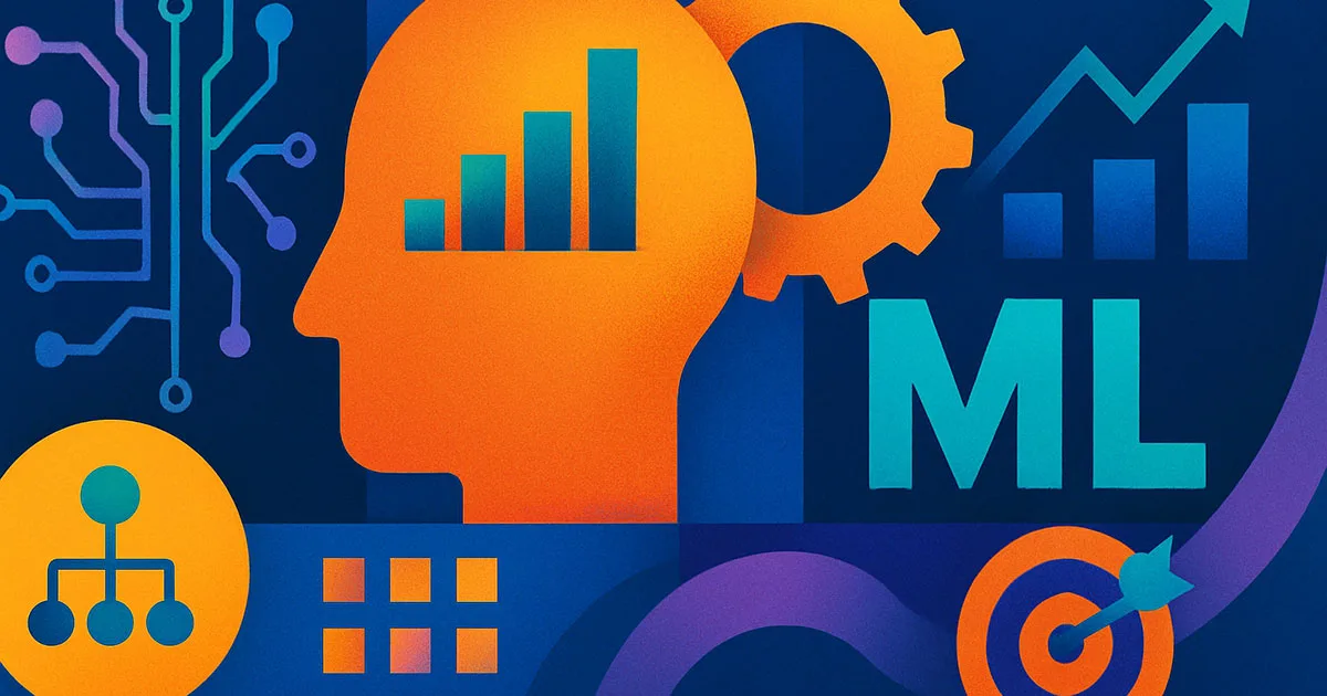 Abstract illustration representing machine learning with data charts, neural circuits, a human head silhouette, gears, and target icons in vibrant colours.