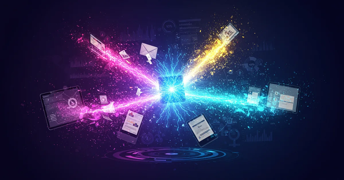 Vibrant AI hub creating multiple marketing content formats, with colorful energy streams connecting to analytics dashboards, emails, and digital platforms.