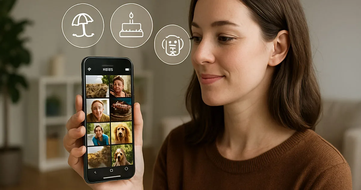 Woman holding smartphone displaying photo gallery with icons for beach, birthday, and dog, representing AI-powered photo organisation without manual tags.