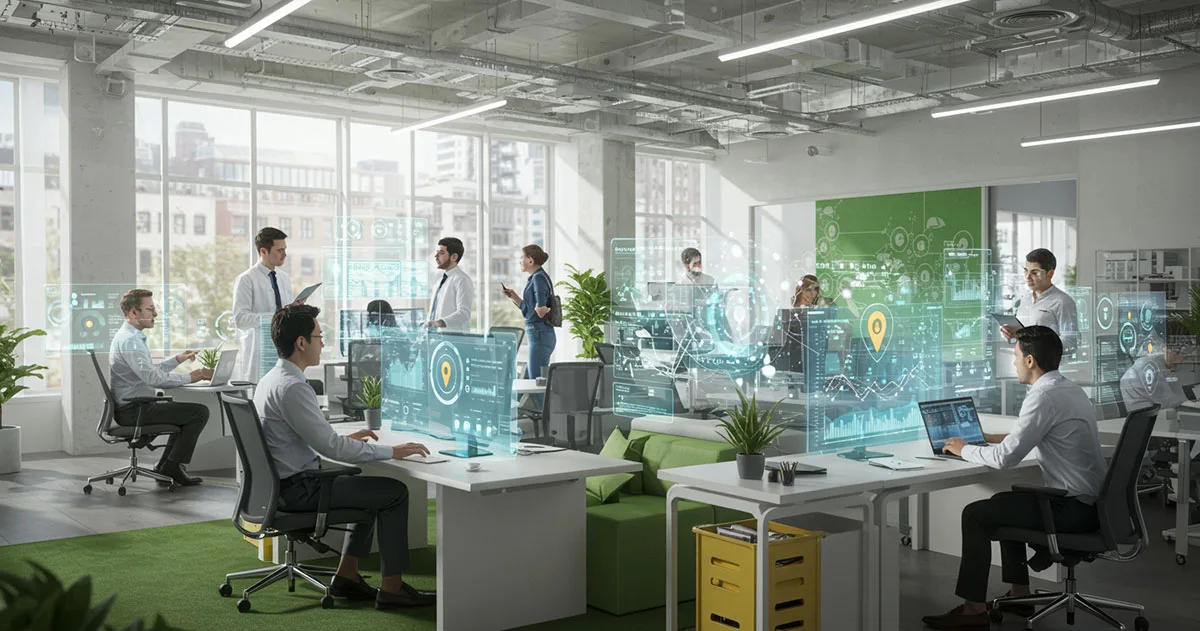 Modern office with diverse professionals using digital analytics dashboards to improve decision-making, process efficiency, and customer insights.