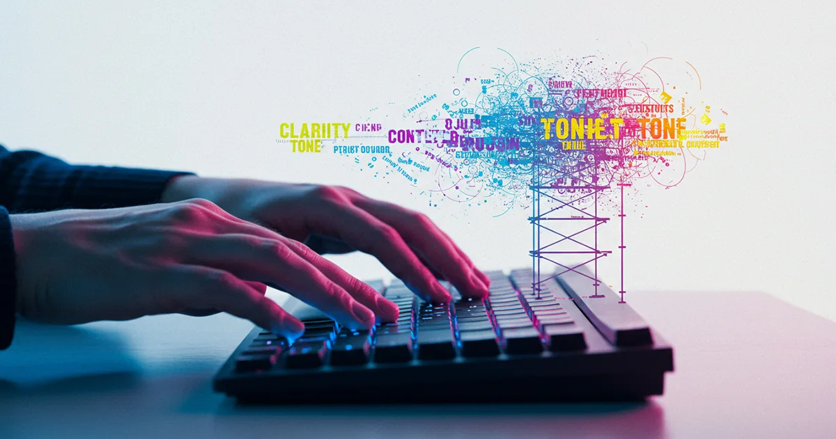Hands typing on keyboard creating structured prompt engineering elements for marketing, with key terms like clarity, context, and tone visually organised.