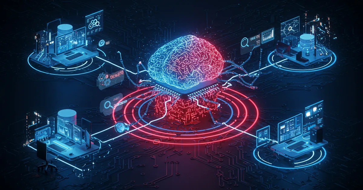 Agentic AI visualisation showing a glowing brain-like central processor connected to multiple computer systems, databases, and tools, demonstrating autonomous operation.