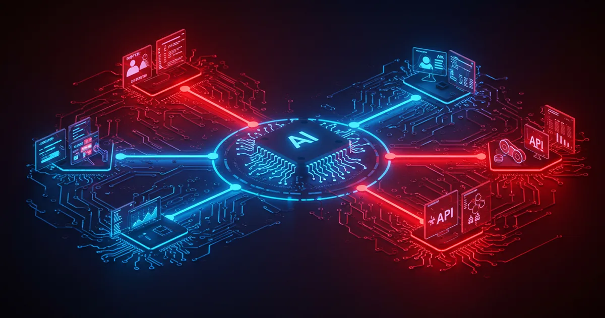 A system diagram showing input sensors (blue) and output actuators (red) connected to a central AI processor through glowing circuit pathways.