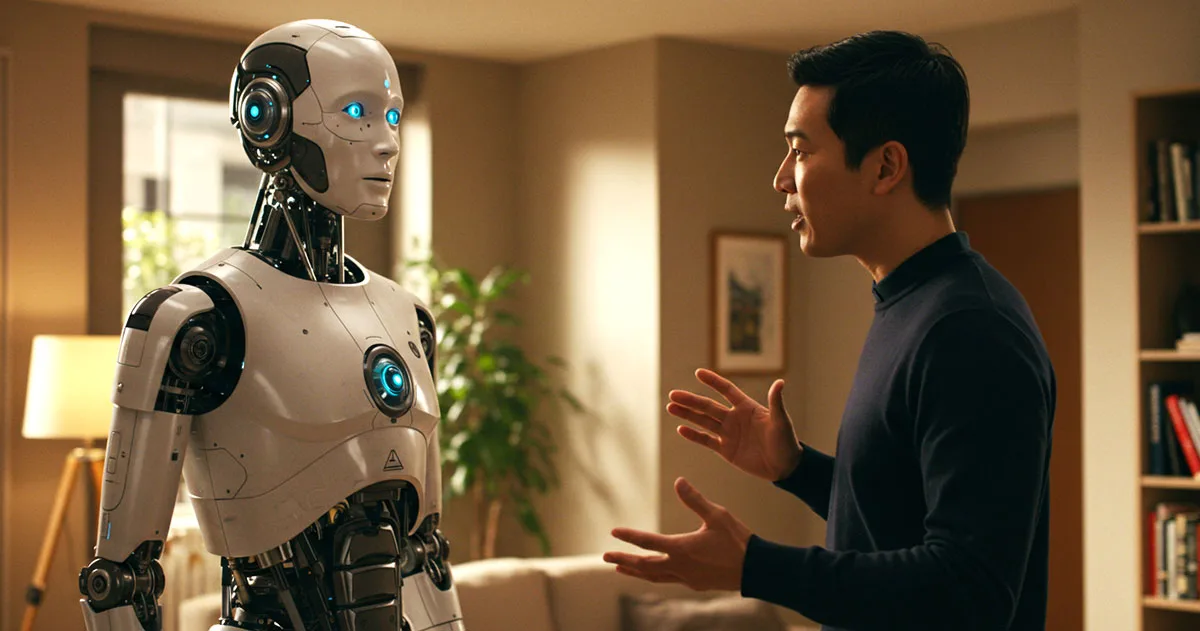 A man speaks expressively to a humanoid robot in a cosy room, illustrating a real-world interaction powered by Natural Language Processing.