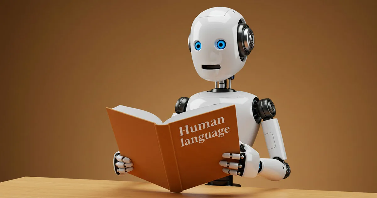A surprised-looking robot reads a book titled “Human language” at a desk, representing the learning challenges in Natural Language Processing.