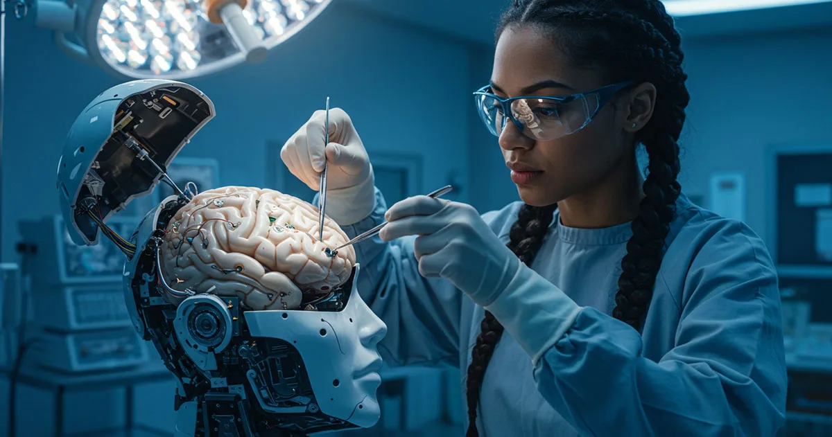 A scientist installs safety mechanisms into a humanoid robot’s brain, symbolising efforts to embed control in Artificial General Intelligence systems.