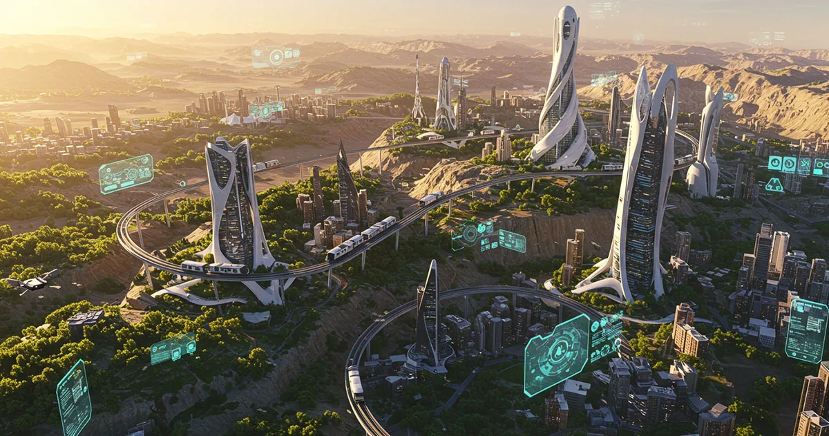 Futuristic city with advanced transport, AI interfaces, and smart architecture, symbolising a world transformed by Artificial General Intelligence.