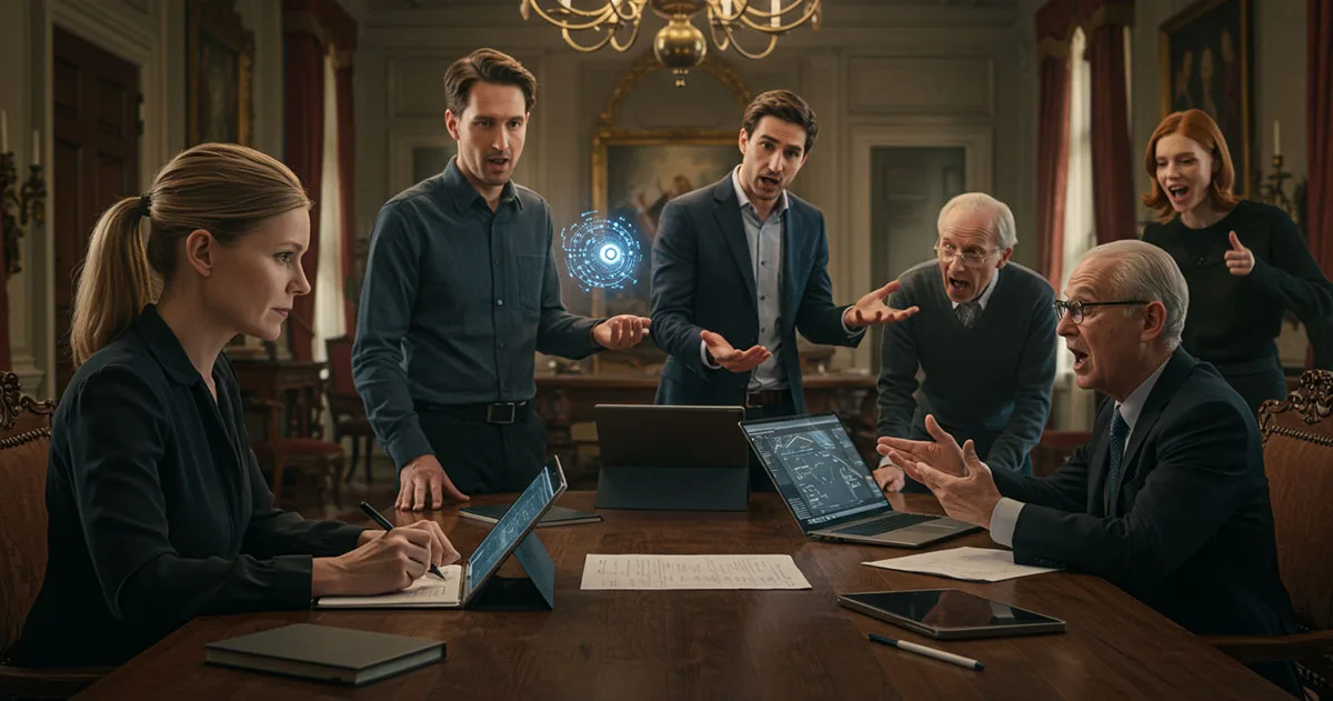 A group of experts debate around a table with laptops and holograms, representing the world’s leading thinkers on Artificial General Intelligence.
