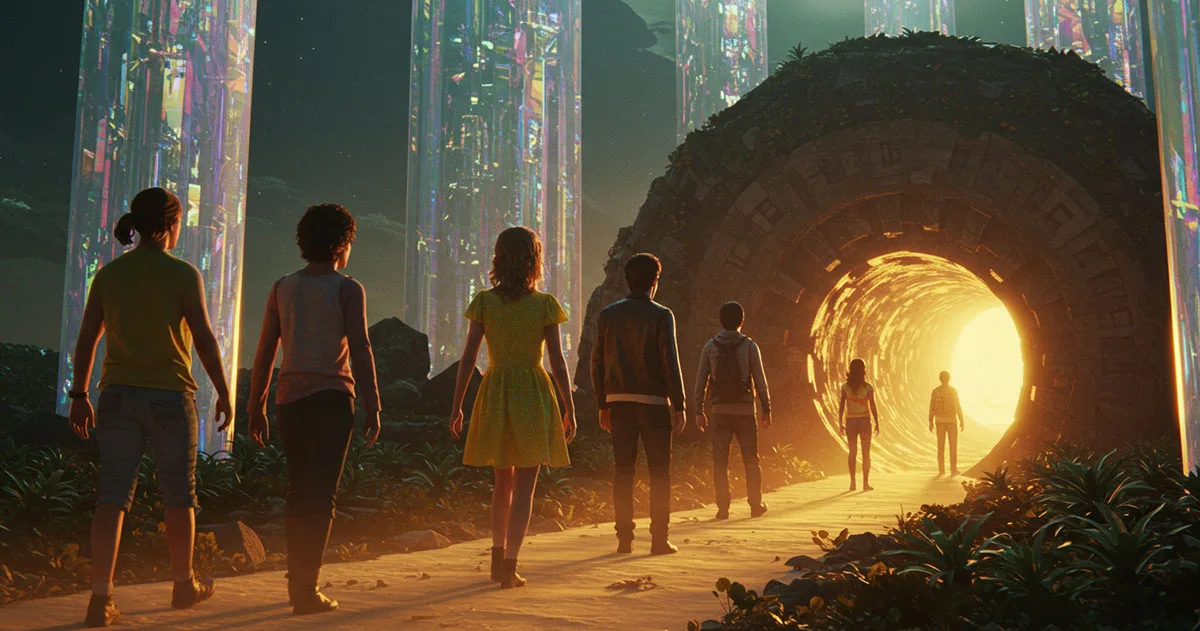 A group of people walk toward a glowing tunnel surrounded by crystal towers, symbolising humanity’s journey on the path toward Artificial General Intelligence.