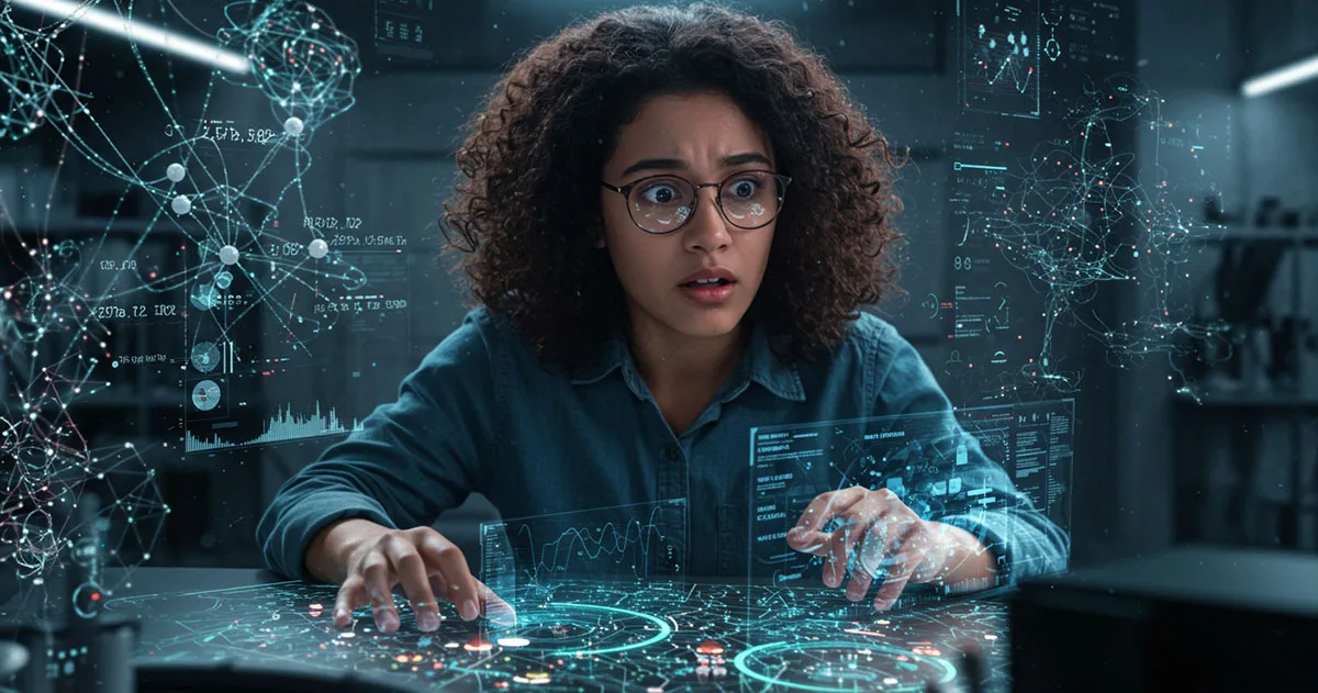 A young woman with glasses looks surprised as she interacts with complex holographic data and neural network visualisations on a futuristic interface.