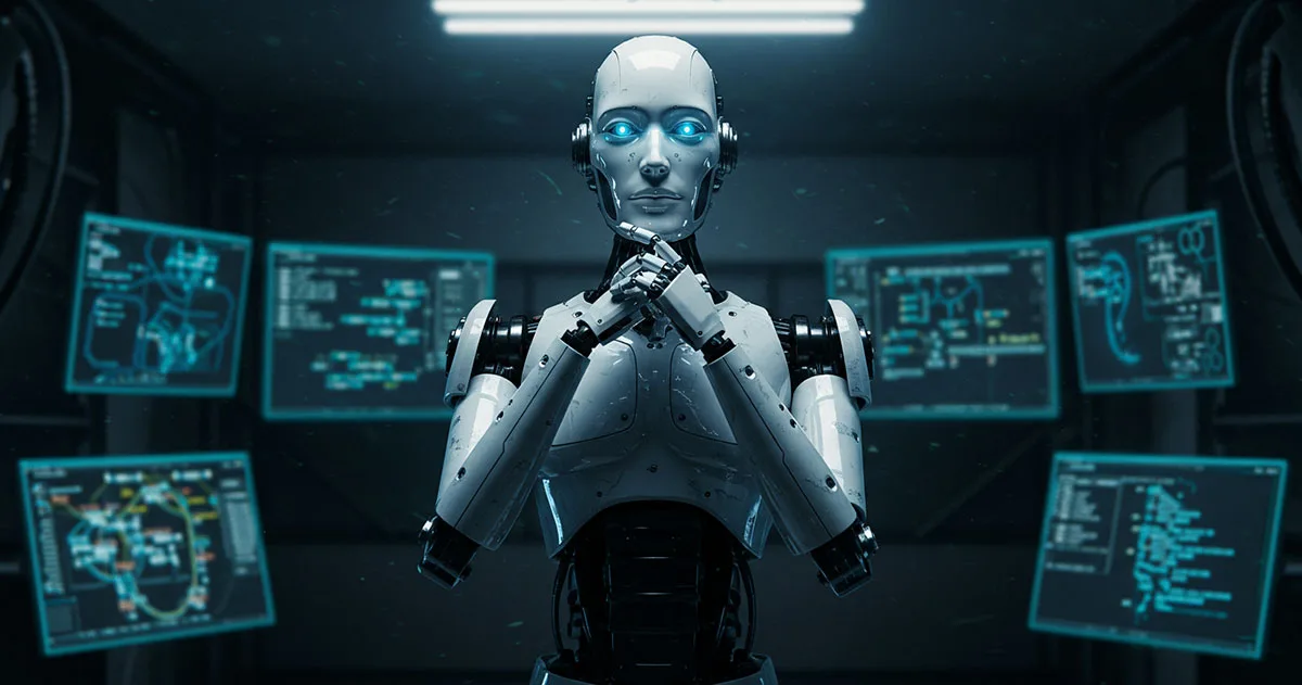 A humanoid robot with glowing blue eyes stands in a dark control room, surrounded by floating digital screens displaying complex data and diagrams.