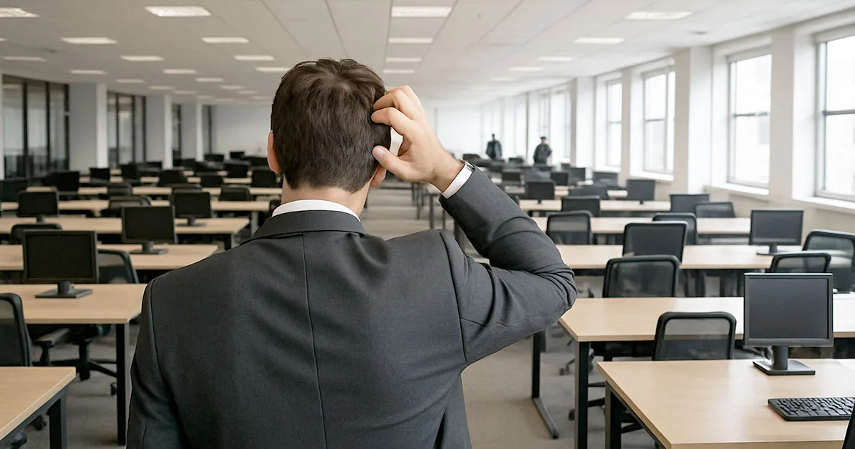 Business executive scratching head while looking at empty office with rows of desks and computers, depicting workplace transformation