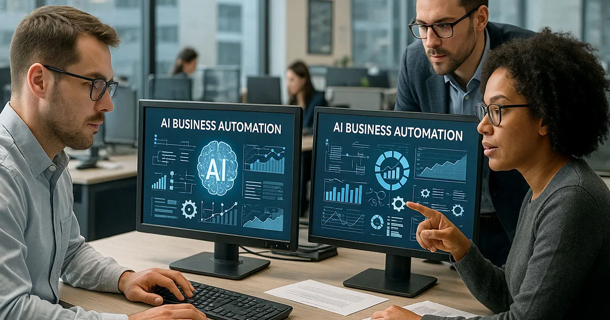Professionals analysing ai automation business data and analytics dashboards on computer screens