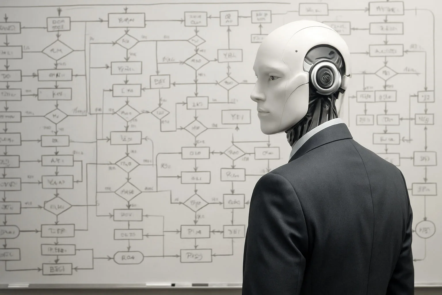 AI consulting for small businesses concept showing humanoid robot in business suit analysing complex workflow diagram on whiteboard